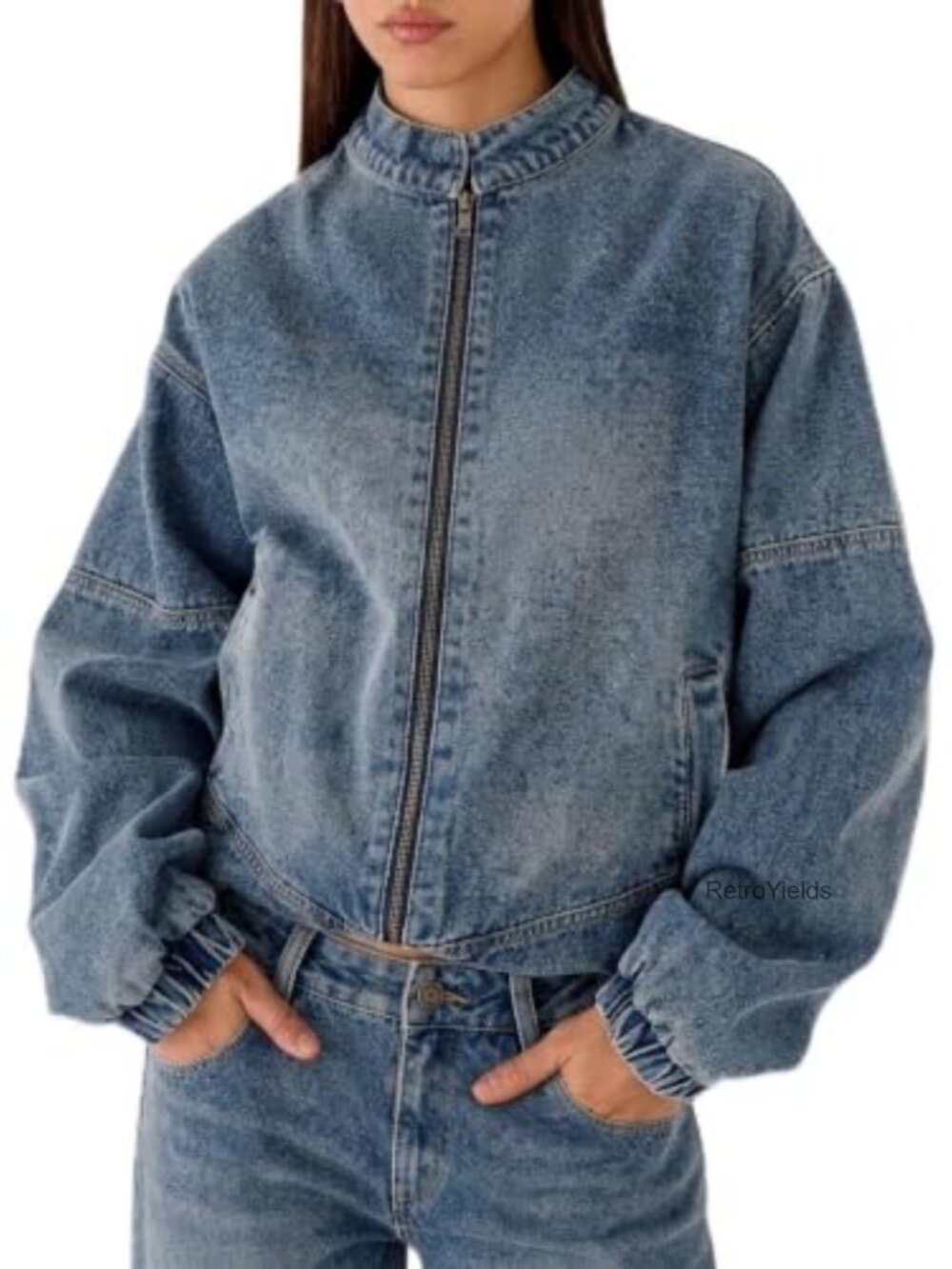 Oversized Fit Denim Bomber Jacket Front Zip Long Sleeve Casual